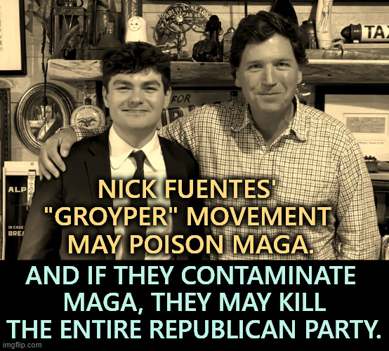 Only Trump could get elected president with Nick Fuentes' endorsement. Nobody else. | NICK FUENTES' 
"GROYPER" MOVEMENT 
MAY POISON MAGA. AND IF THEY CONTAMINATE 
MAGA, THEY MAY KILL THE ENTIRE REPUBLICAN PARTY. | image tagged in neo-nazis,nick fuentes,tucker carlson,anti-semite and a racist,maga,poison | made w/ Imgflip meme maker