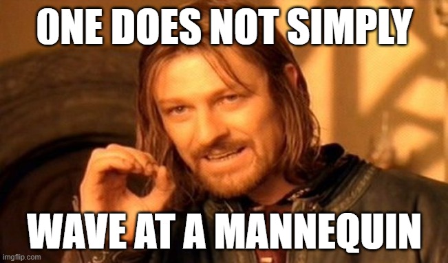 One Does Not Simply Meme | 0NE DOES NOT SIMPLY; WAVE AT A MANNEQUIN | image tagged in memes,one does not simply | made w/ Imgflip meme maker