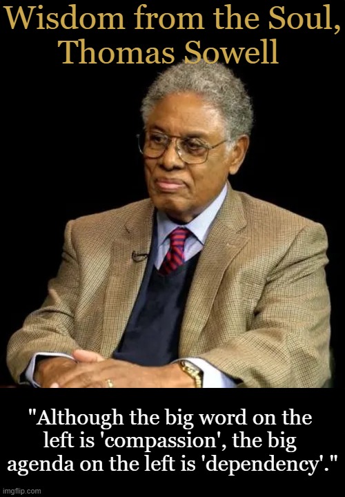 More Truth From One of Our Most Brilliant Scholars | Wisdom from the Soul,
Thomas Sowell; "Although the big word on the 
left is 'compassion', the big 
agenda on the left is 'dependency'." | image tagged in thomas sowell,compassion,i don't think it means what you think it means,democrats,leftists | made w/ Imgflip meme maker