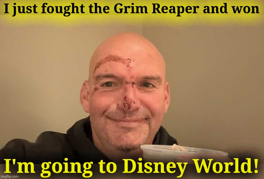 Grim Reaper is smaller than you thought | I just fought the Grim Reaper and won; I'm going to Disney World! | image tagged in john fetterman,grim reaper,disney world,phil simms,football,superbowl | made w/ Imgflip meme maker