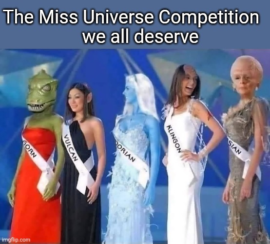 Universally speaking | The Miss Universe Competition  
  we all deserve | image tagged in miss universe,interplanetary,aliens,included | made w/ Imgflip meme maker