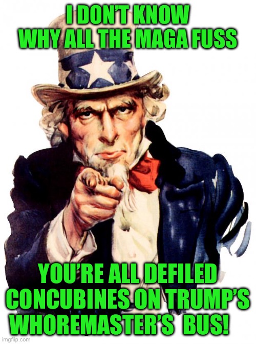 Uncle Sam Meme | I DON’T KNOW WHY ALL THE MAGA FUSS; YOU’RE ALL DEFILED CONCUBINES ON TRUMP’S WHOREMASTER’S  BUS! | image tagged in memes,uncle sam | made w/ Imgflip meme maker
