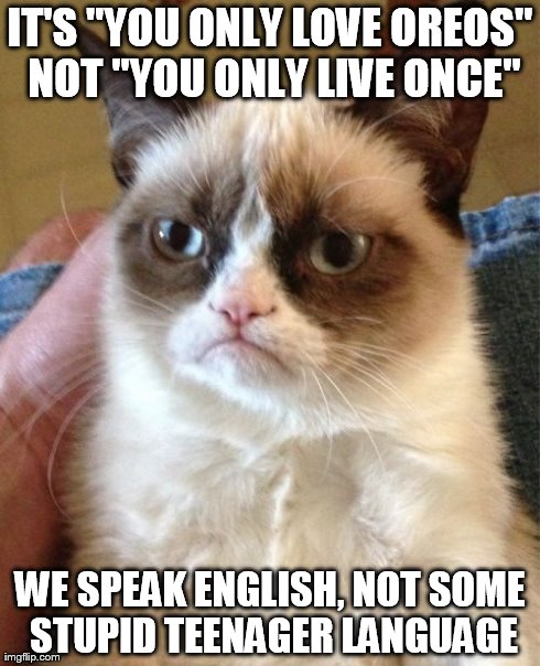 If someone said "You only live once," I correct them with "You Only Love Oreos." | IT'S "YOU ONLY LOVE OREOS" NOT "YOU ONLY LIVE ONCE" WE SPEAK ENGLISH, NOT SOME STUPID TEENAGER LANGUAGE | image tagged in memes,grumpy cat | made w/ Imgflip meme maker