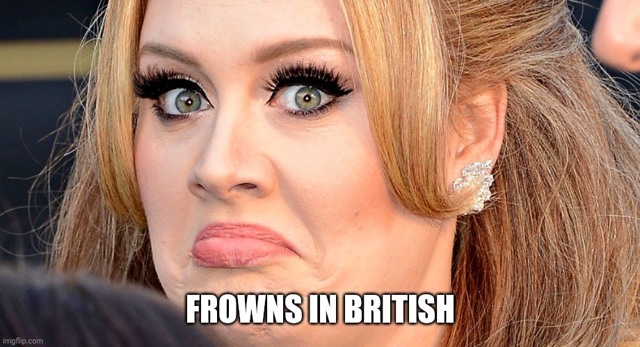Mad Adele | FROWNS IN BRITISH | image tagged in mad adele | made w/ Imgflip meme maker
