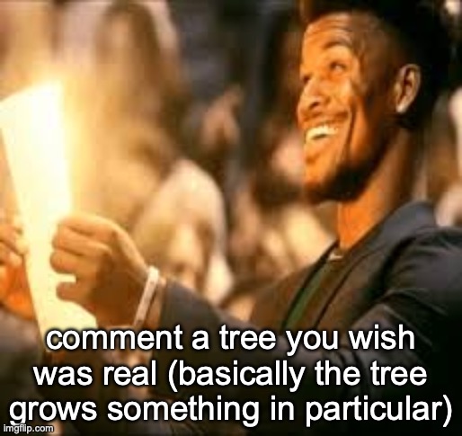 Jimmy butler happy | comment a tree you wish was real (basically the tree grows something in particular) | image tagged in jimmy butler happy | made w/ Imgflip meme maker