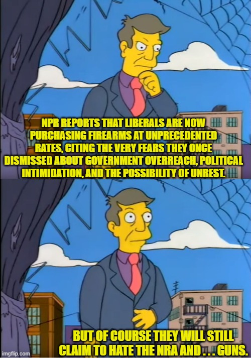 If not for double-standards, leftists would have no standards at all. | NPR REPORTS THAT LIBERALS ARE NOW PURCHASING FIREARMS AT UNPRECEDENTED RATES, CITING THE VERY FEARS THEY ONCE DISMISSED ABOUT GOVERNMENT OVERREACH, POLITICAL INTIMIDATION, AND THE POSSIBILITY OF UNREST. BUT OF COURSE THEY WILL STILL CLAIM TO HATE THE NRA AND . . . GUNS. | image tagged in skinner out of touch | made w/ Imgflip meme maker