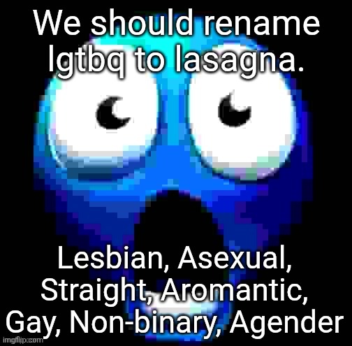 blue guy absolutely flabbergasted beyond comprehension | We should rename lgtbq to lasagna. Lesbian, Asexual, Straight, Aromantic, Gay, Non-binary, Agender | image tagged in blue guy absolutely flabbergasted beyond comprehension | made w/ Imgflip meme maker