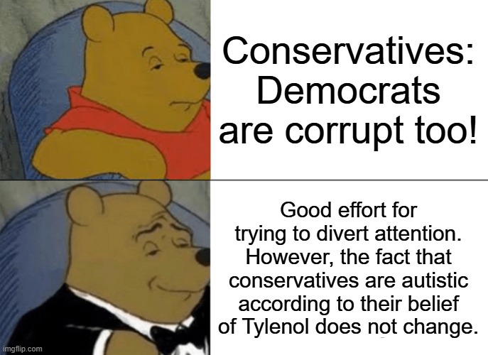 Tuxedo Winnie The Pooh Meme | Conservatives: Democrats are corrupt too! Good effort for trying to divert attention. However, the fact that conservatives are autistic according to their belief of Tylenol does not change. | image tagged in memes,tuxedo winnie the pooh | made w/ Imgflip meme maker
