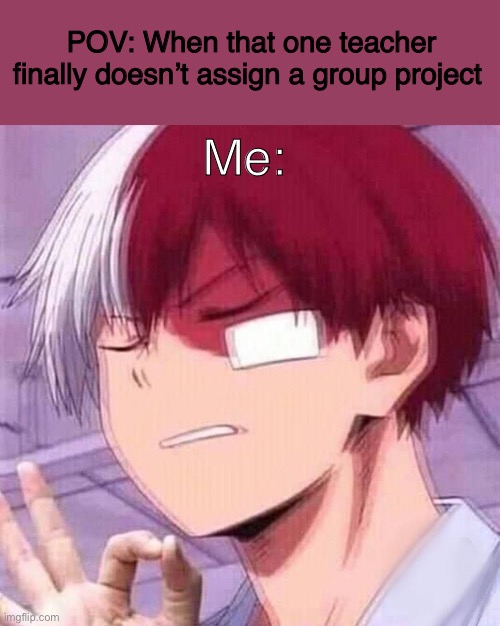 Todoroki | POV: When that one teacher finally doesn’t assign a group project; Me: | image tagged in todoroki,introverts | made w/ Imgflip meme maker