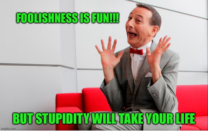 FOOLISHNESS IS FUN!!! BUT STUPIDITY WILL TAKE YOUR LIFE | image tagged in pee wee herman | made w/ Imgflip meme maker