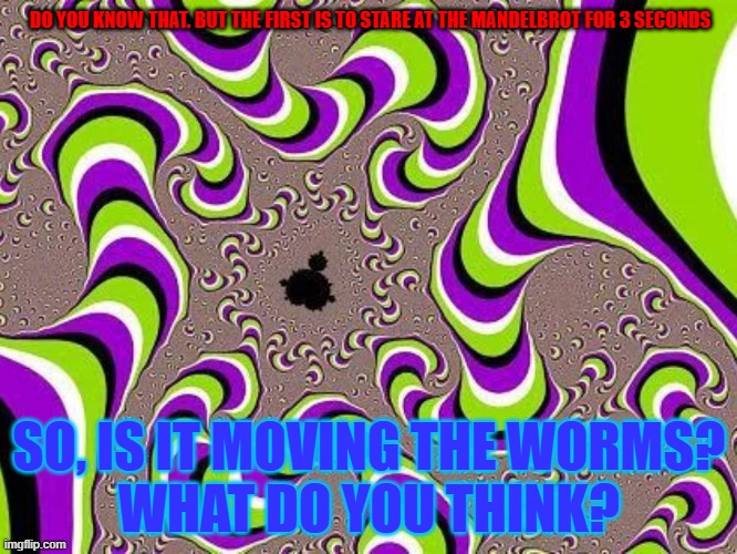 what if... Mandelbrot set appears to move? | DO YOU KNOW THAT. BUT THE FIRST IS TO STARE AT THE MANDELBROT FOR 3 SECONDS; SO, IS IT MOVING THE WORMS?
WHAT DO YOU THINK? | image tagged in optical illusion | made w/ Imgflip meme maker