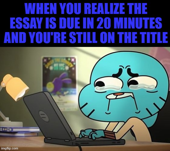 essay | WHEN YOU REALIZE THE ESSAY IS DUE IN 20 MINUTES AND YOU'RE STILL ON THE TITLE | image tagged in memes | made w/ Imgflip meme maker