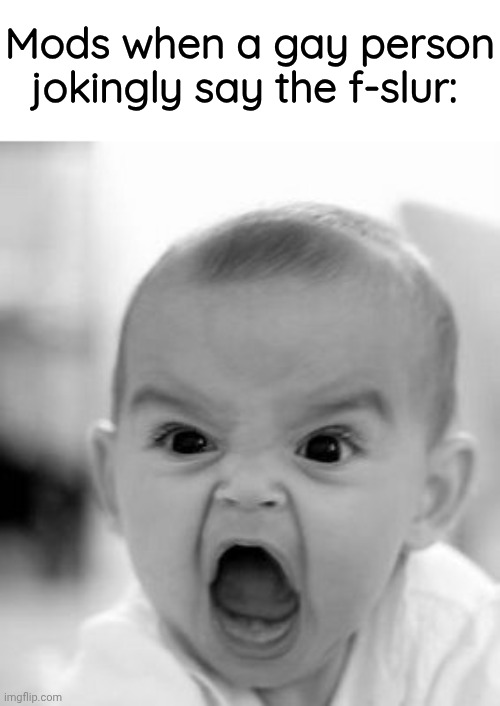 Taking away free speech smh | Mods when a gay person jokingly say the f-slur: | image tagged in memes,angry baby | made w/ Imgflip meme maker
