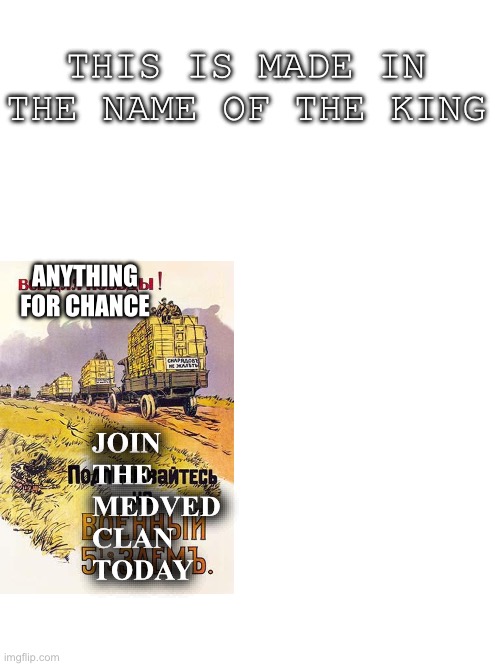 Blank White Template | THIS IS MADE IN THE NAME OF THE KING; ANYTHING FOR CHANCE; JOIN THE MEDVED CLAN TODAY | image tagged in blank white template | made w/ Imgflip meme maker