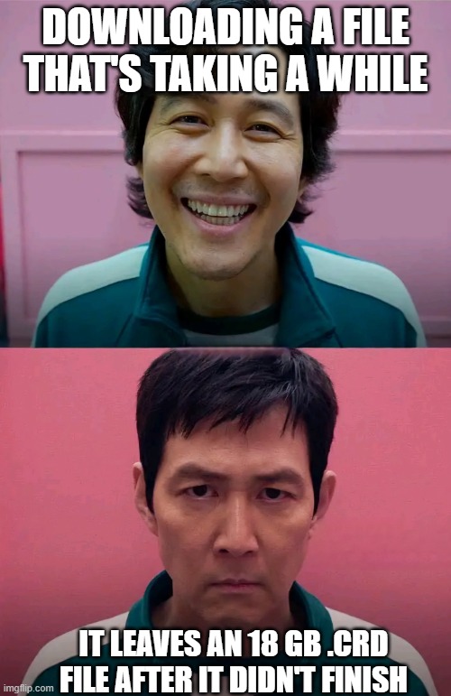 Chrome ahh behavior | DOWNLOADING A FILE THAT'S TAKING A WHILE; IT LEAVES AN 18 GB .CRD FILE AFTER IT DIDN'T FINISH | image tagged in squid game | made w/ Imgflip meme maker