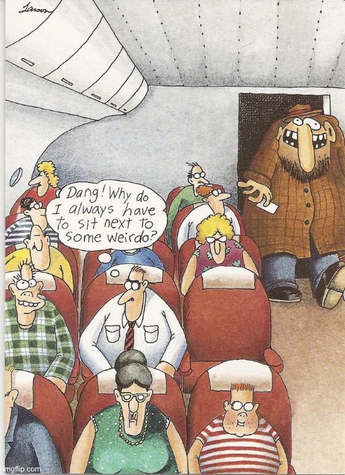 Things could always be worse… | image tagged in the far side,comics,airplane,empty seat,weirdo,an even bigger weirdo | made w/ Imgflip meme maker