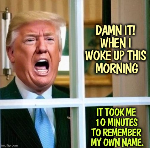 DAMN IT! 
WHEN I 
WOKE UP THIS 
MORNING; IT TOOK ME 
10 MINUTES 
TO REMEMBER 
MY OWN NAME. | image tagged in trump,memory,senile,dementia,old | made w/ Imgflip meme maker