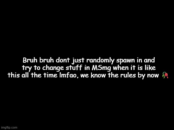 Bruh bruh dont just randomly spawn in and try to change stuff in MSmg when it is like this all the time lmfao, we know the rules by now 🥀 | made w/ Imgflip meme maker