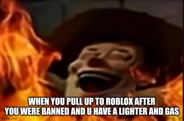 WOODY WHAT THE HELL R U DOING | WHEN YOU PULL UP TO ROBLOX AFTER YOU WERE BANNED AND U HAVE A LIGHTER AND GAS | image tagged in satanic woody | made w/ Imgflip meme maker