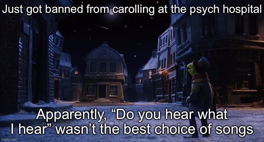 Carolling at the psych hospital | Just got banned from carolling at the psych hospital; Apparently, “Do you hear what I hear” wasn’t the best choice of songs | image tagged in muppet christmas carol kermit one more sleep,psychiatrist,hospital,mental health | made w/ Imgflip meme maker