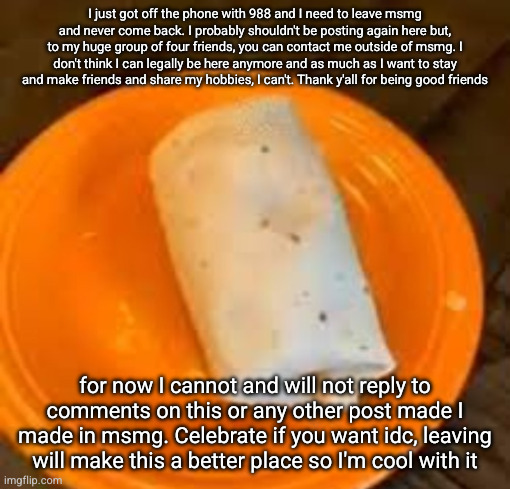 y'all were awesome | I just got off the phone with 988 and I need to leave msmg and never come back. I probably shouldn't be posting again here but, to my huge group of four friends, you can contact me outside of msmg. I don't think I can legally be here anymore and as much as I want to stay and make friends and share my hobbies, I can't. Thank y'all for being good friends; for now I cannot and will not reply to comments on this or any other post made I made in msmg. Celebrate if you want idc, leaving will make this a better place so I'm cool with it | image tagged in jimmyhere burrito | made w/ Imgflip meme maker