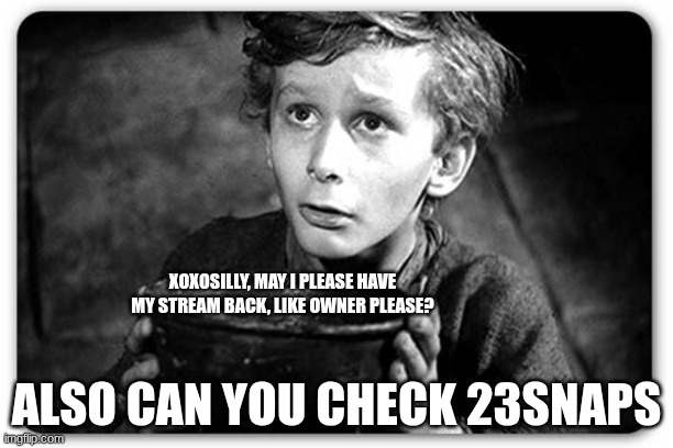 Beggar | XOXOSILLY, MAY I PLEASE HAVE MY STREAM BACK, LIKE OWNER PLEASE? ALSO CAN YOU CHECK 23SNAPS | image tagged in beggar | made w/ Imgflip meme maker