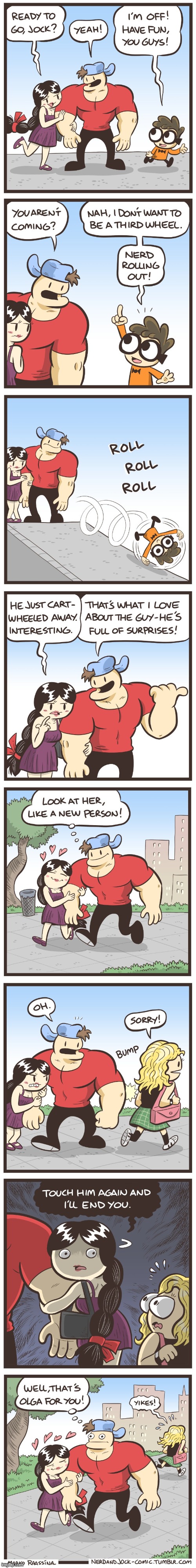 image tagged in jock,olga,nerd,girl,threat,scared | made w/ Imgflip meme maker