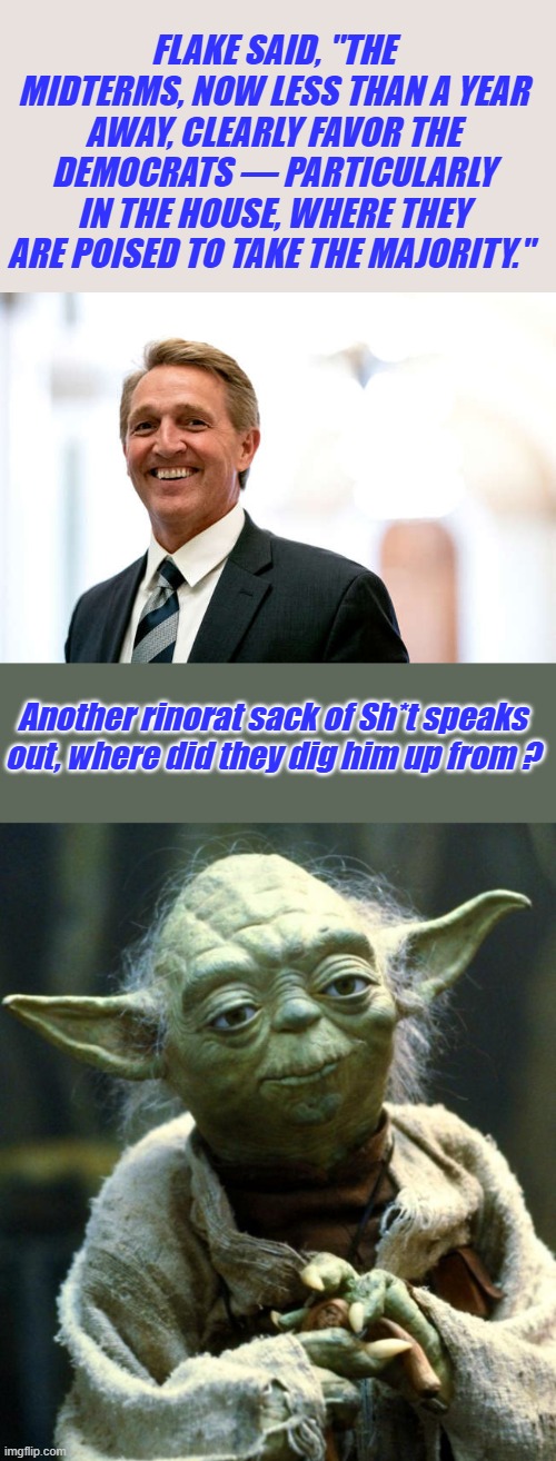 FLAKE SAID, "THE MIDTERMS, NOW LESS THAN A YEAR AWAY, CLEARLY FAVOR THE DEMOCRATS — PARTICULARLY IN THE HOUSE, WHERE THEY ARE POISED TO TAKE THE MAJORITY."; Another rinorat sack of Sh*t speaks out, where did they dig him up from ? | image tagged in memes,star wars yoda | made w/ Imgflip meme maker