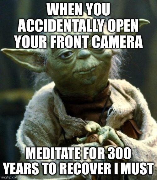 WHEN YOU ACCIDENTALLY OPEN YOUR FRONT CAMERA | WHEN YOU ACCIDENTALLY OPEN YOUR FRONT CAMERA; MEDITATE FOR 300 YEARS TO RECOVER I MUST | image tagged in memes,star wars yoda,camera,goblin,green goblin,meditation | made w/ Imgflip meme maker