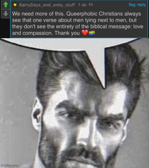 Lgbt was never a sin, lgbt isn’t from the devil | image tagged in gigachad speech bubble,lgbt,christian,giga chad,devil,sin | made w/ Imgflip meme maker