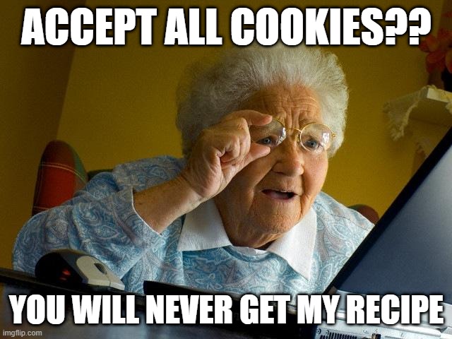 no grandma dont tell them | ACCEPT ALL COOKIES?? YOU WILL NEVER GET MY RECIPE | image tagged in memes,grandma finds the internet | made w/ Imgflip meme maker