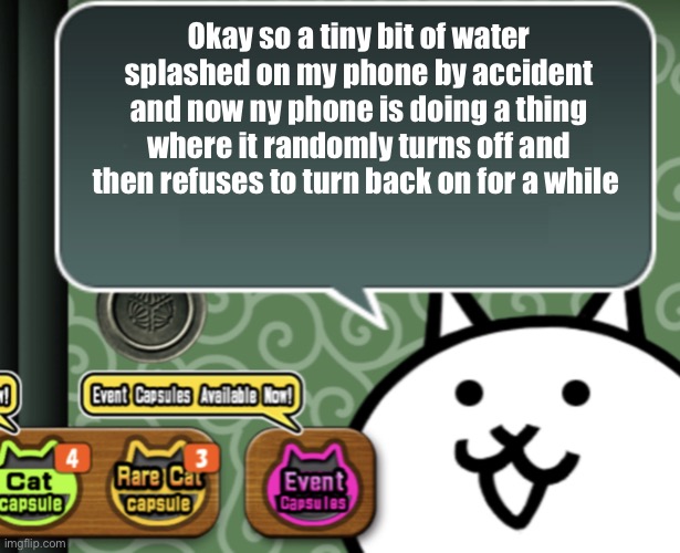 Not my first time | Okay so a tiny bit of water splashed on my phone by accident and now ny phone is doing a thing where it randomly turns off and then refuses to turn back on for a while | image tagged in the basic cat says something | made w/ Imgflip meme maker