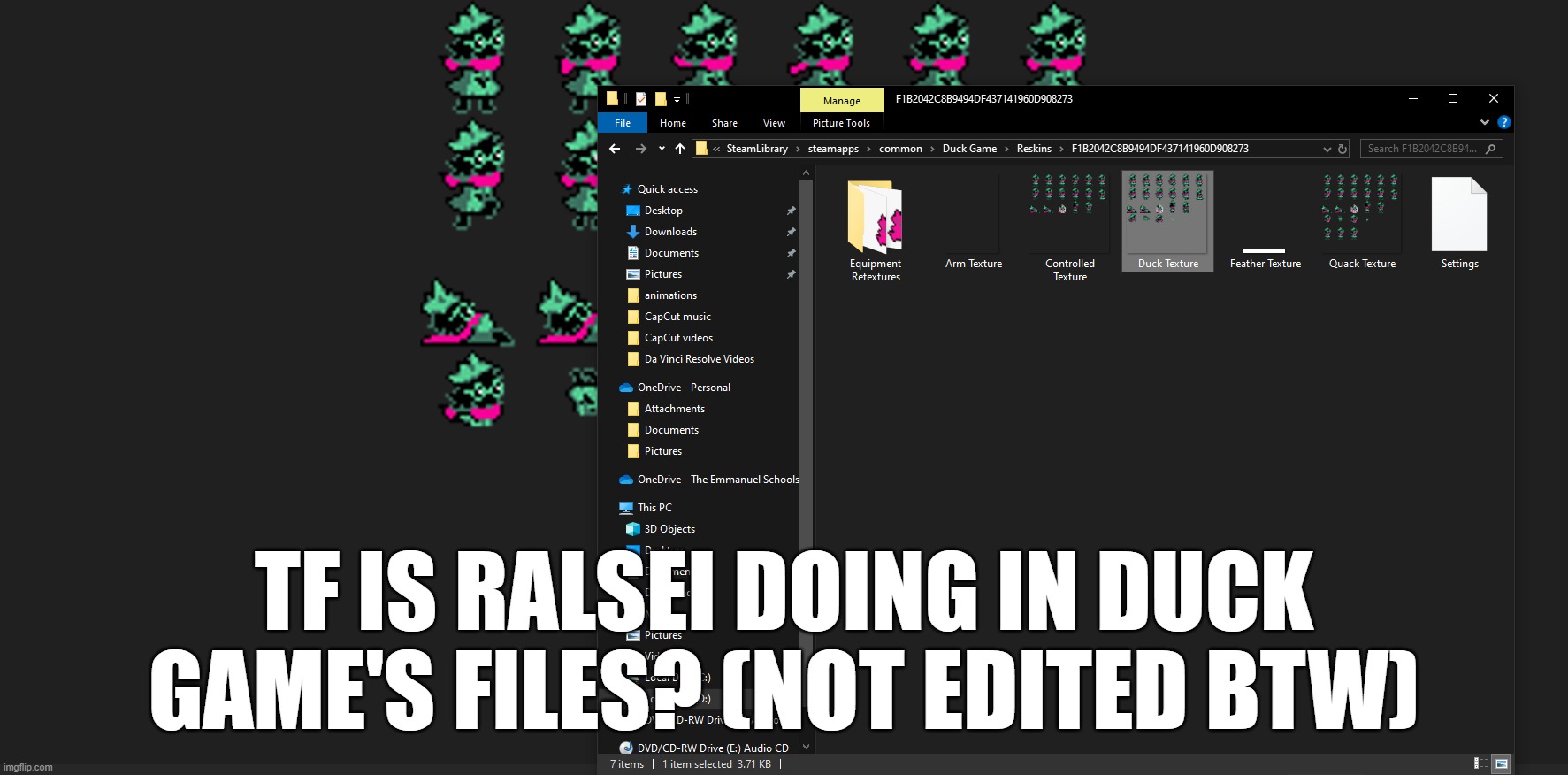 Duck Game has deltarune in it perhaps | TF IS RALSEI DOING IN DUCK GAME'S FILES? (NOT EDITED BTW) | image tagged in just a suspicion,gaming,deltarune,duck game,ducks | made w/ Imgflip meme maker