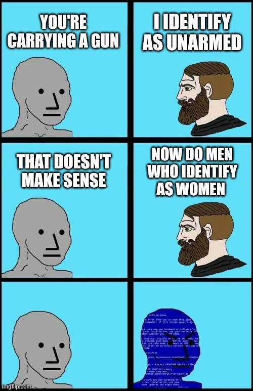 I IDENTIFY AS UNARMED; YOU'RE CARRYING A GUN; THAT DOESN'T MAKE SENSE; NOW DO MEN
WHO IDENTIFY
AS WOMEN | image tagged in npc blue screen | made w/ Imgflip meme maker