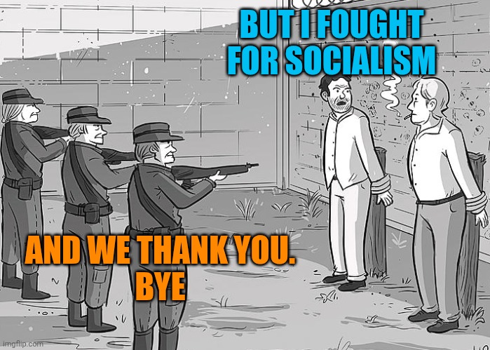 BUT I FOUGHT FOR SOCIALISM AND WE THANK YOU.
BYE | image tagged in firing squad | made w/ Imgflip meme maker