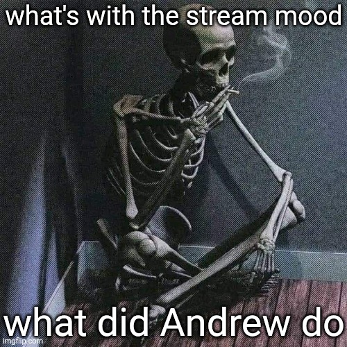 I mean, we might be better off without him, but still, I wanna know | what's with the stream mood; what did Andrew do | image tagged in skeleton smoke | made w/ Imgflip meme maker