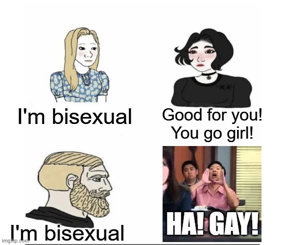 Bisexual men get no respect | I'm bisexual; Good for you! You go girl! I'm bisexual; HA! GAY! | image tagged in men vs women,bisexual,lgbtq,relatable memes,ken jeong | made w/ Imgflip meme maker
