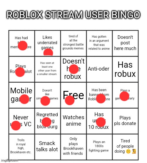 Got bored n did this | image tagged in roblox stream user bingo | made w/ Imgflip meme maker
