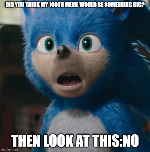 when I present to you my 100th meme | DID YOU THINK MY 100TH MEME WOULD BE SOMETHING BIG? THEN LOOK AT THIS:NO | image tagged in sonic movie | made w/ Imgflip meme maker