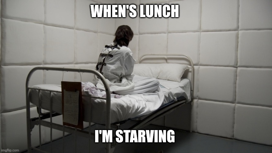 insane asylum | WHEN'S LUNCH I'M STARVING | image tagged in insane asylum | made w/ Imgflip meme maker