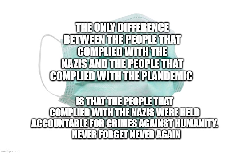 Face mask | THE ONLY DIFFERENCE BETWEEN THE PEOPLE THAT COMPLIED WITH THE NAZIS AND THE PEOPLE THAT COMPLIED WITH THE PLANDEMIC; IS THAT THE PEOPLE THAT COMPLIED WITH THE NAZIS WERE HELD ACCOUNTABLE FOR CRIMES AGAINST HUMANITY.        NEVER FORGET NEVER AGAIN | image tagged in face mask | made w/ Imgflip meme maker