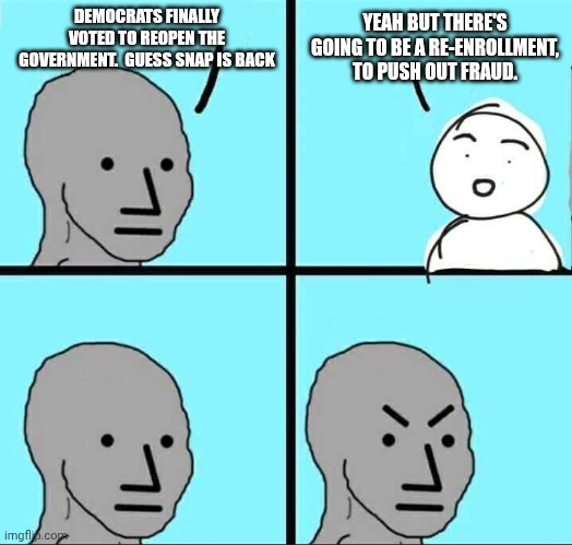 NPC Meme | DEMOCRATS FINALLY VOTED TO REOPEN THE GOVERNMENT.  GUESS SNAP IS BACK; YEAH BUT THERE'S GOING TO BE A RE-ENROLLMENT, TO PUSH OUT FRAUD. | image tagged in npc meme | made w/ Imgflip meme maker
