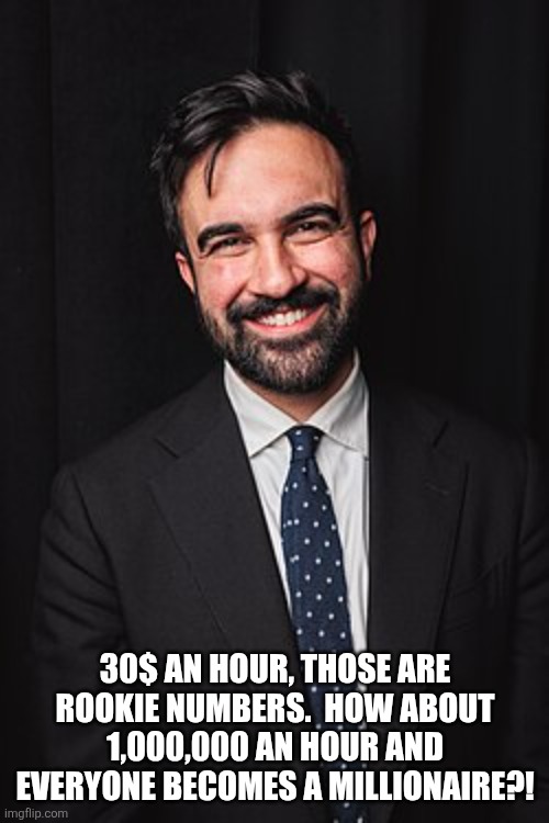 Zohran Mamdani | 30$ AN HOUR, THOSE ARE ROOKIE NUMBERS.  HOW ABOUT 1,000,000 AN HOUR AND EVERYONE BECOMES A MILLIONAIRE?! | image tagged in zohran mamdani | made w/ Imgflip meme maker