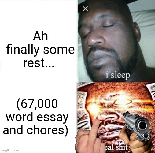 Sleeping Shaq | Ah finally some rest... (67,000 word essay and chores) | image tagged in memes,sleeping shaq | made w/ Imgflip meme maker