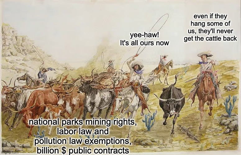 yee-haw!
It's all ours now national parks mining rights,
labor law and pollution law exemptions,
billion $ public contracts even if they han | made w/ Imgflip meme maker