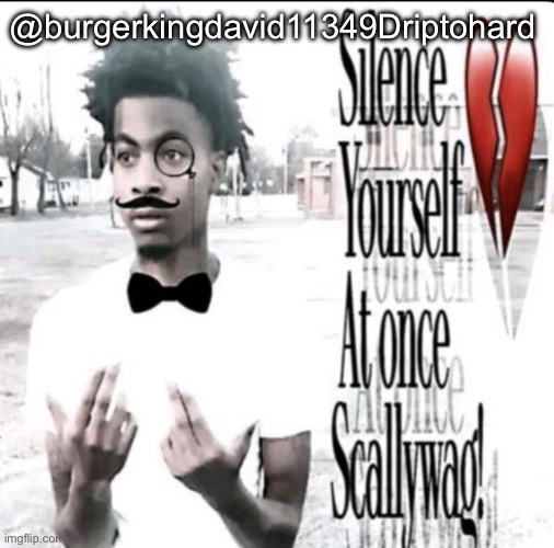 Silence Yourself At once Scallywag! | @burgerkingdavid11349Driptohard | image tagged in silence yourself at once scallywag | made w/ Imgflip meme maker