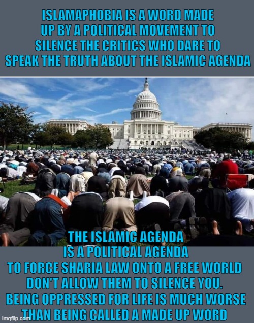 islamaphobia not a real word | ISLAMAPHOBIA IS A WORD MADE UP BY A POLITICAL MOVEMENT TO SILENCE THE CRITICS WHO DARE TO SPEAK THE TRUTH ABOUT THE ISLAMIC AGENDA; THE ISLAMIC AGENDA IS A POLITICAL AGENDA TO FORCE SHARIA LAW ONTO A FREE WORLD 


DON'T ALLOW THEM TO SILENCE YOU. 
BEING OPPRESSED FOR LIFE IS MUCH WORSE THAN BEING CALLED A MADE UP WORD | made w/ Imgflip meme maker