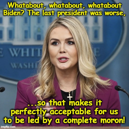 Whatabout, whatabout, whatabout Biden? The last president was worse, ...so that makes it perfectly acceptable for us to be led by a complete | image tagged in karoline leavitt | made w/ Imgflip meme maker
