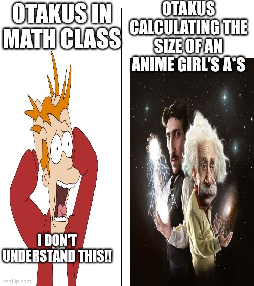 Otakus be like: | OTAKUS CALCULATING THE SIZE OF AN ANIME GIRL'S A*S; OTAKUS IN MATH CLASS; I DON'T UNDERSTAND THIS!! | image tagged in blank white template | made w/ Imgflip meme maker
