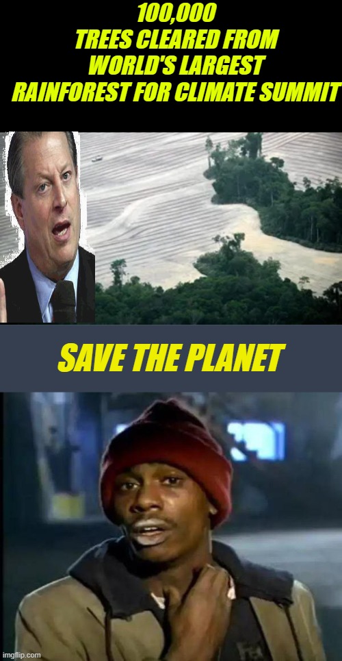 You still believing their lies? They needed the room to land their private jets Does Gretchen know? | 100,000 TREES CLEARED FROM WORLD'S LARGEST RAINFOREST FOR CLIMATE SUMMIT; SAVE THE PLANET | image tagged in memes,y'all got any more of that | made w/ Imgflip meme maker